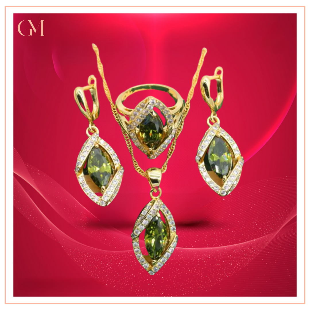 Dazzling Gold Female Jewelry - Sets 18K Gold Peridot Ruby Pendant Earring Bracelet & Ring Set For Women