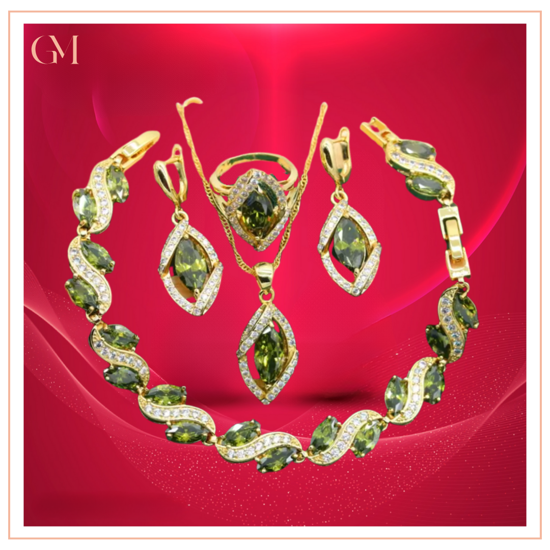 Dazzling Gold Female Jewelry - Sets 18K Gold Peridot Ruby Pendant Earring Bracelet & Ring Set For Women