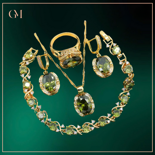 Geometric Wedding Jewelry Set - Starry 18K Yellow Gold Plated Pendant Earring Bracelet & Ring Set For Women