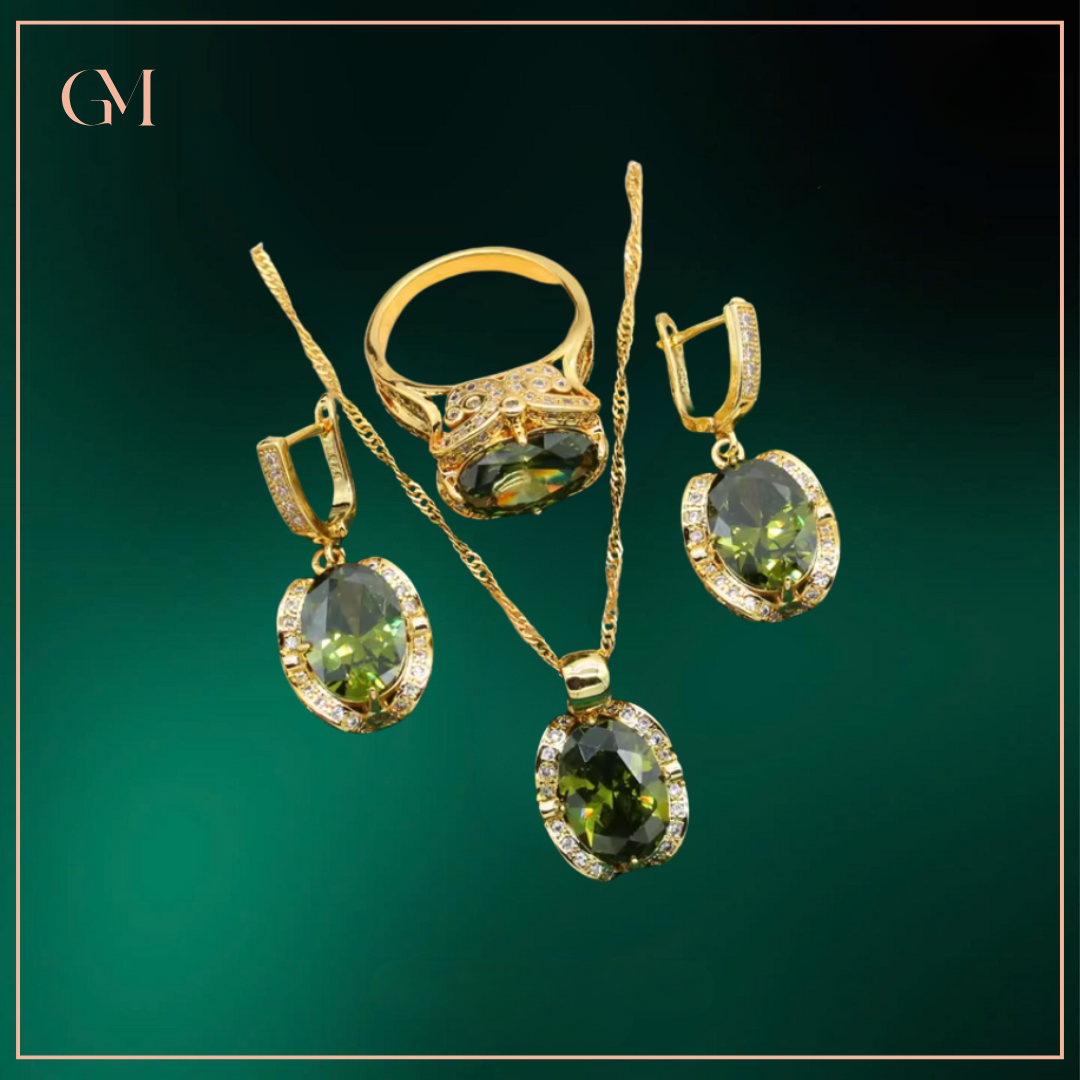 Geometric Wedding Jewelry Set - Starry 18K Yellow Gold Plated Pendant Earring Bracelet & Ring Set For Women
