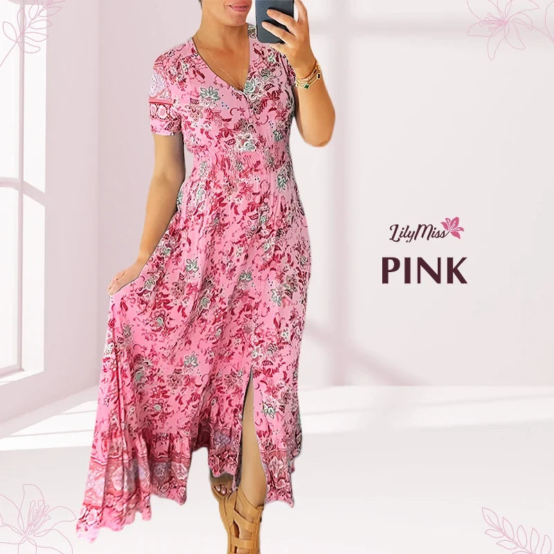 LilyMiss - Floral casual print V-neck shirred waist long dress